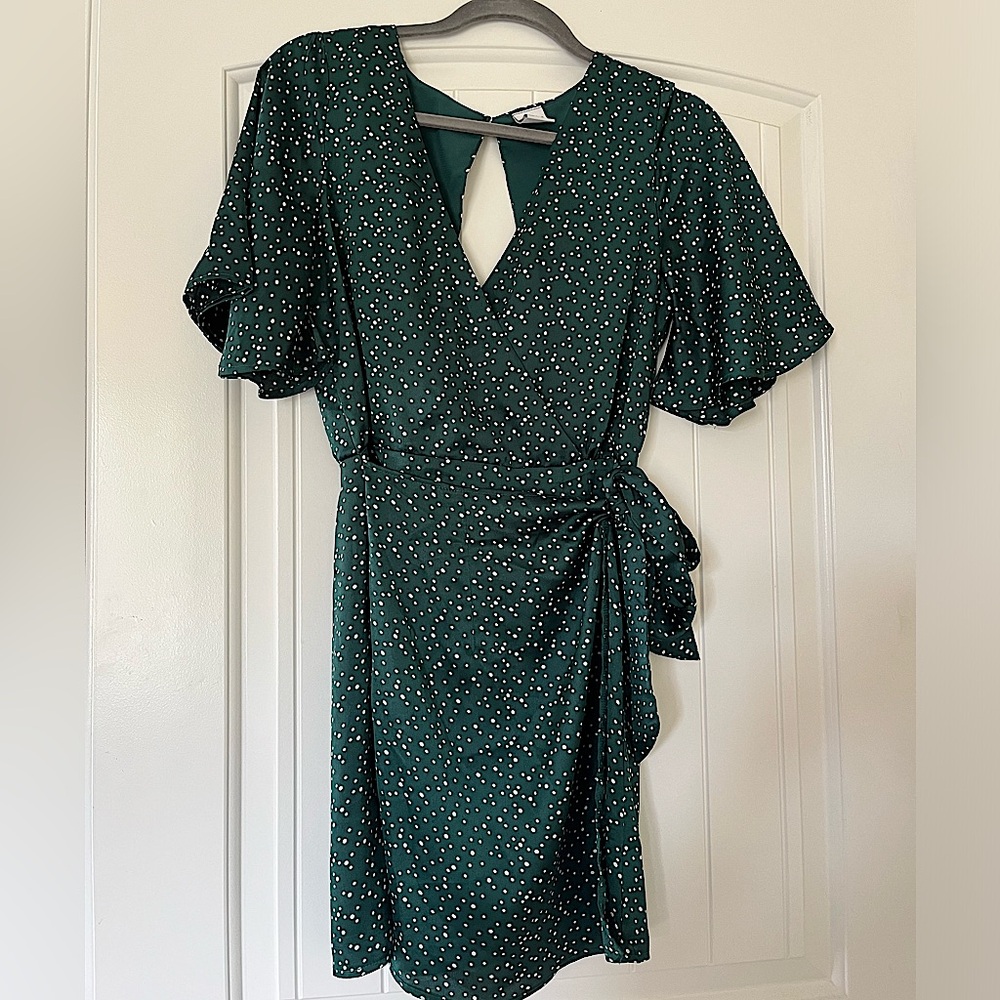 Green Polka Dot Mini Dress with Waist Tie